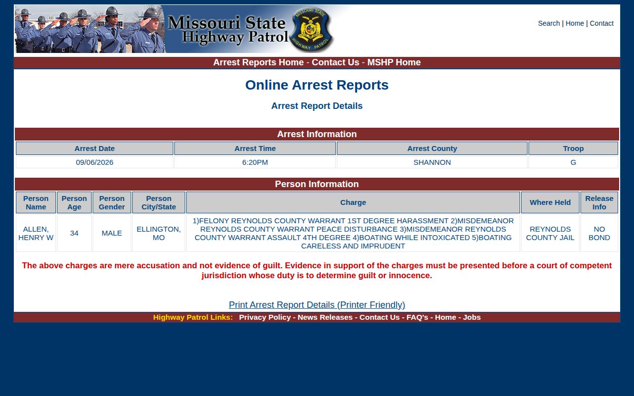 Official Missouri State Highway Patrol arrest detail showing agency and holding-location fields