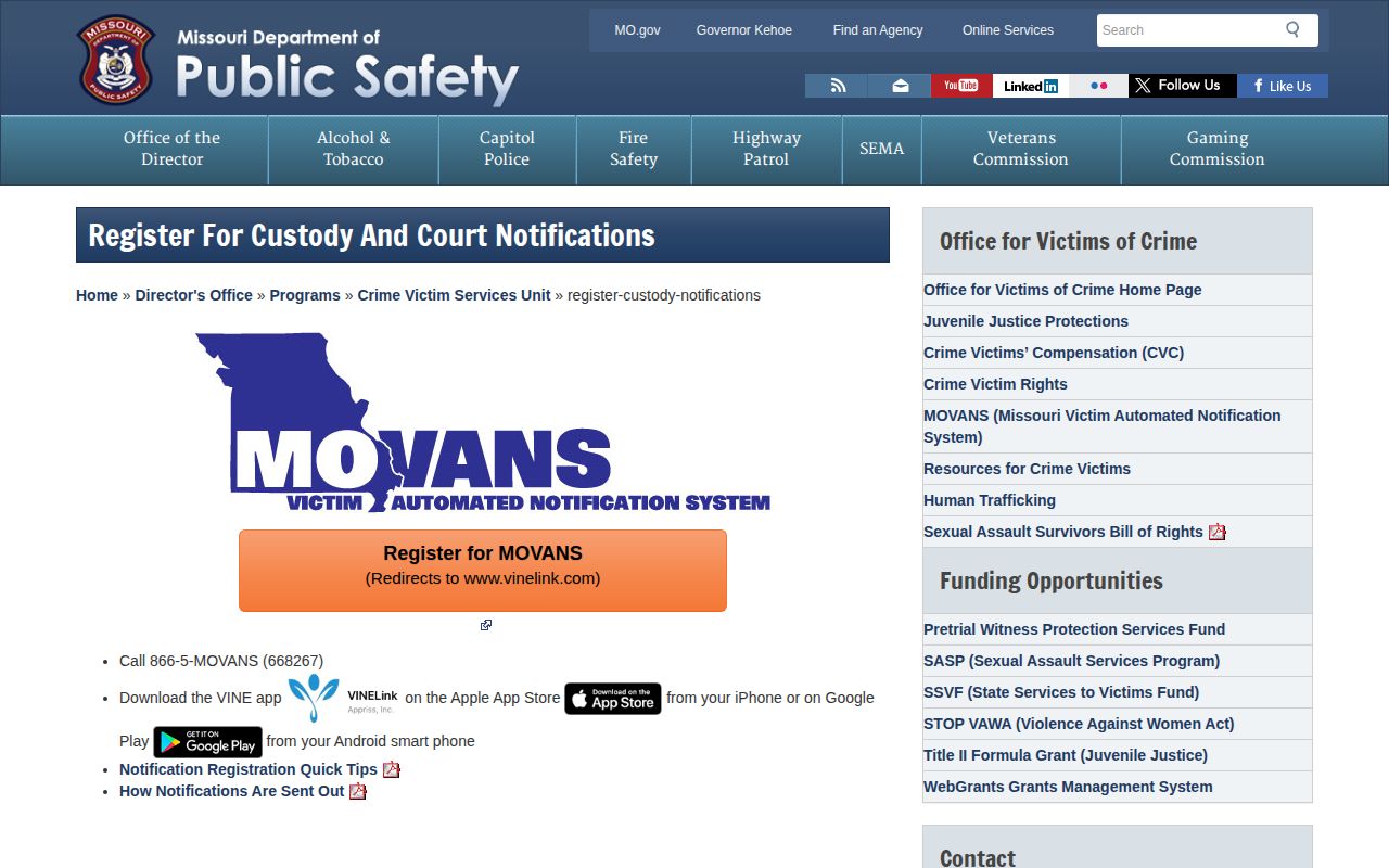 Missouri DPS MOVANS custody notification registration instructions