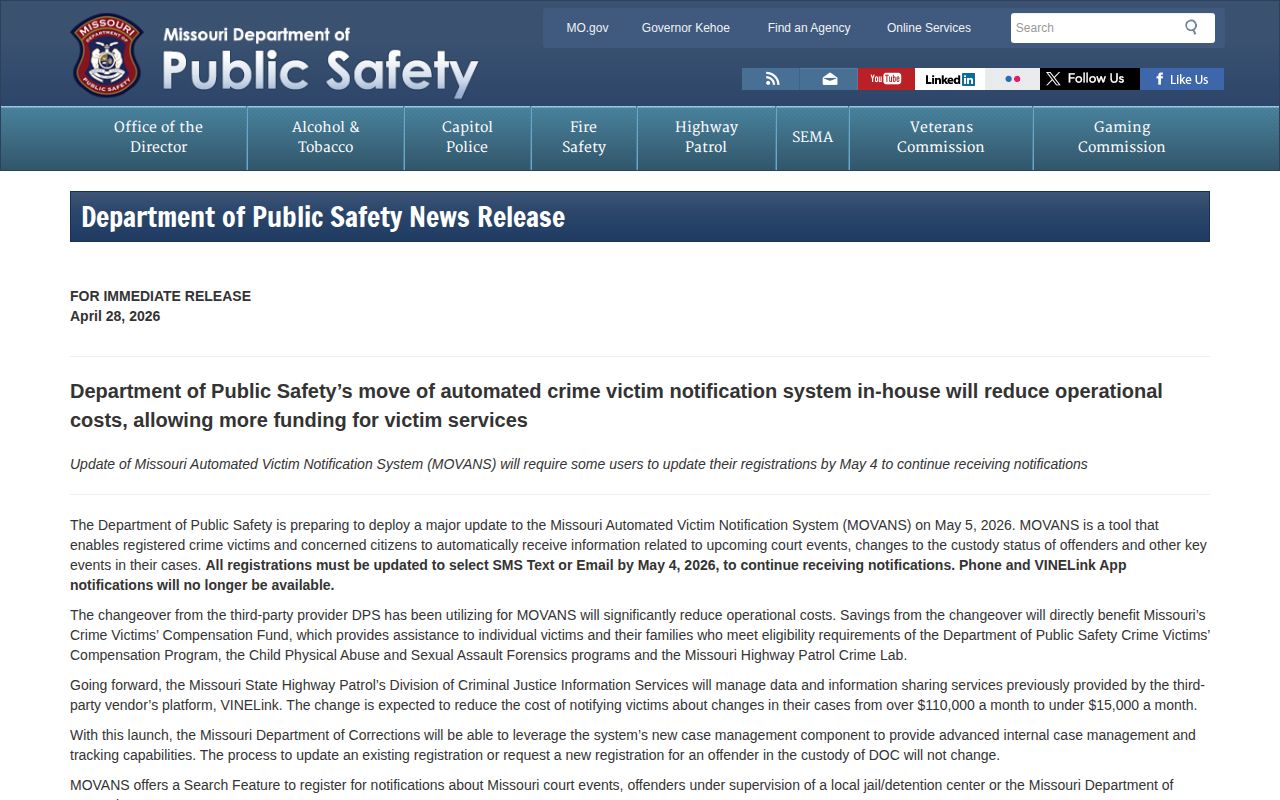 Missouri DPS May 2026 notice changing MOVANS alert channels