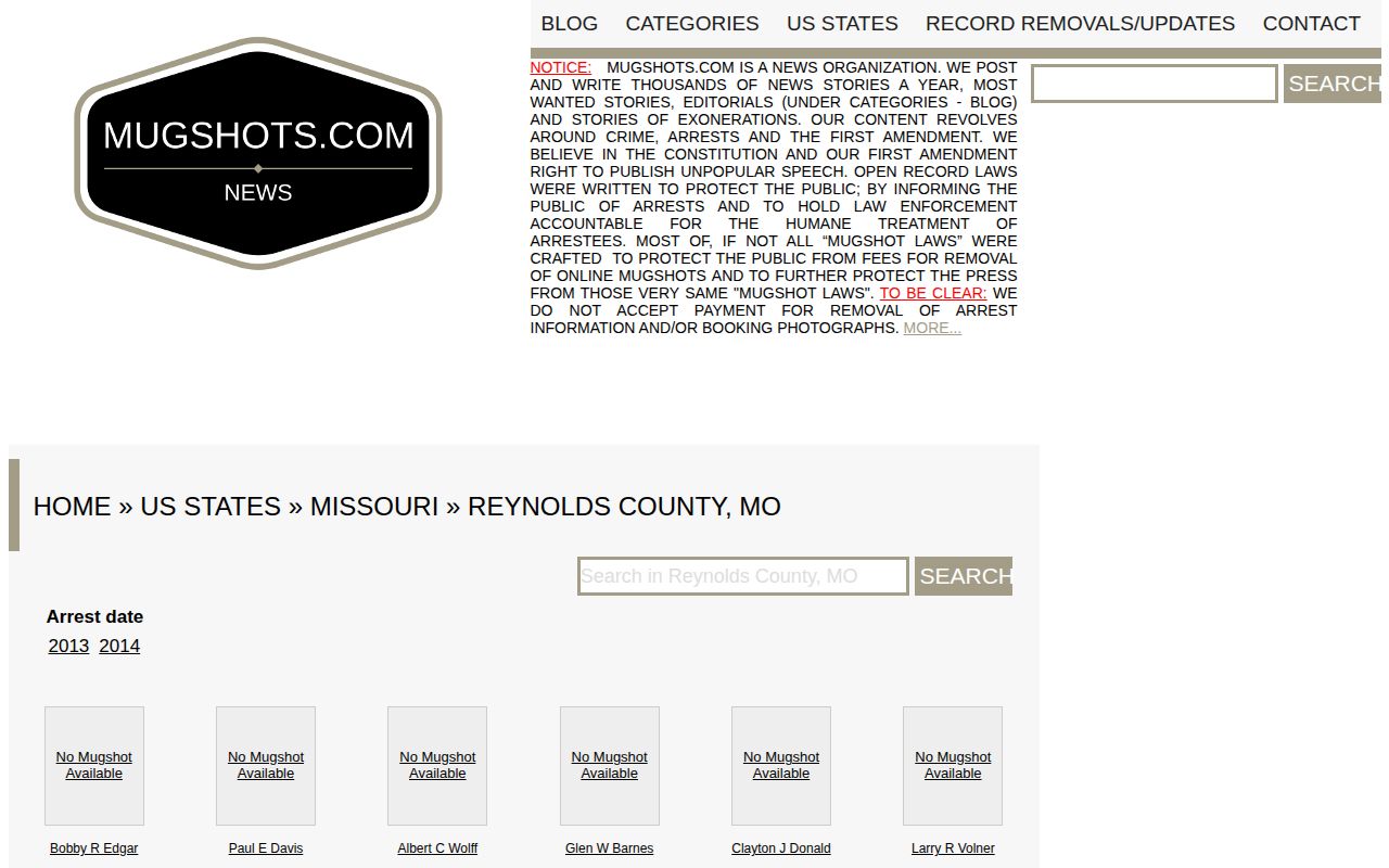 Unofficial Reynolds County arrest-record grouping page