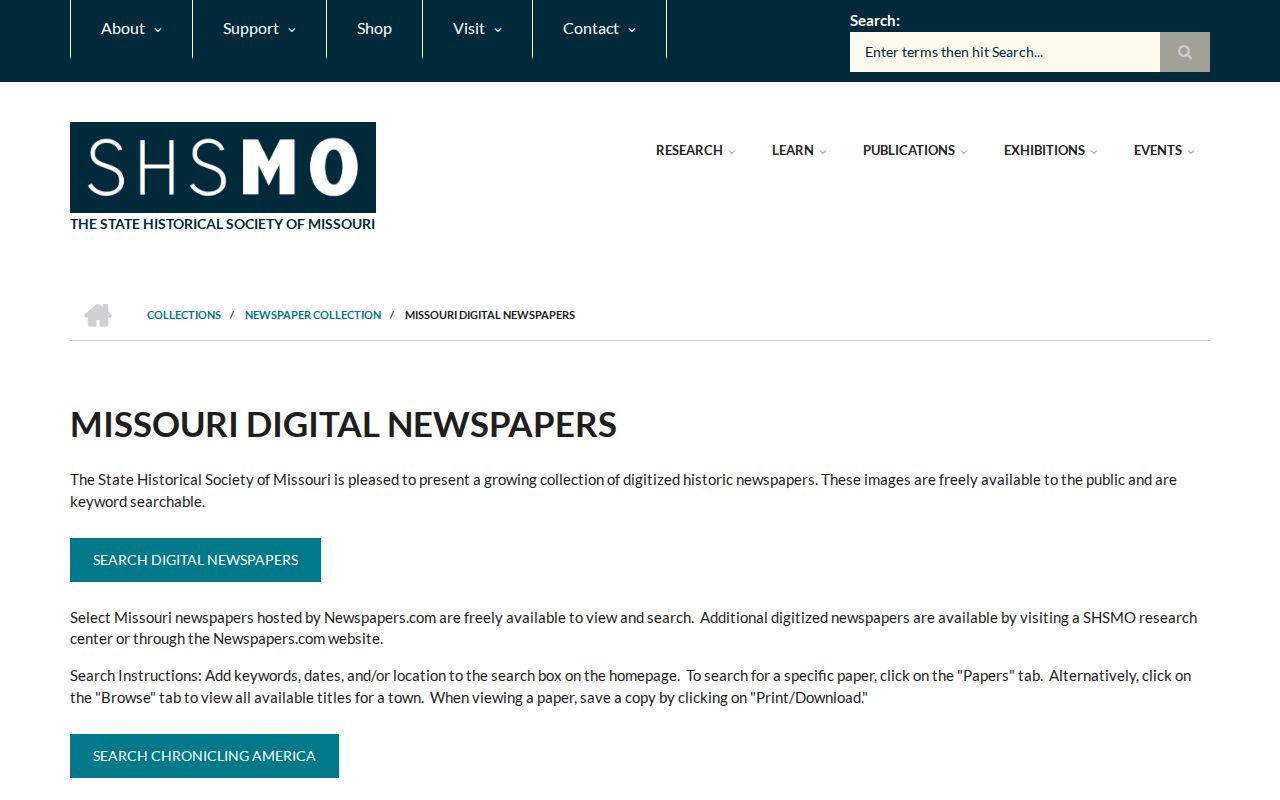Missouri Digital Newspaper Program archive access page
