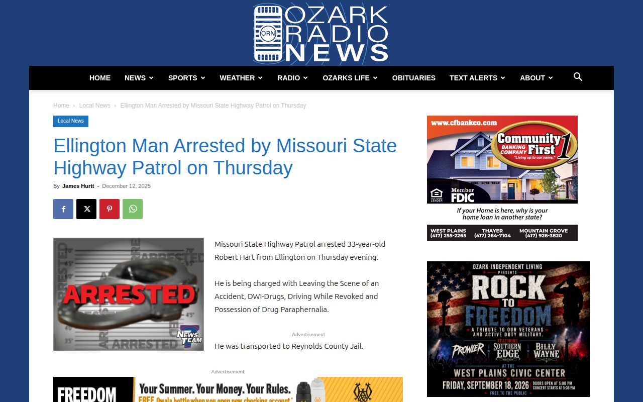 Ozark Radio News page with a dated Ellington arrest report