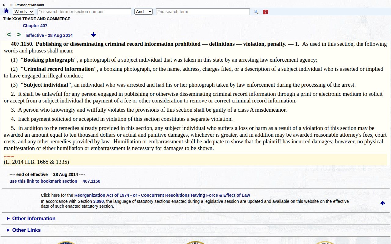 Missouri statute on paid removal of arrest information