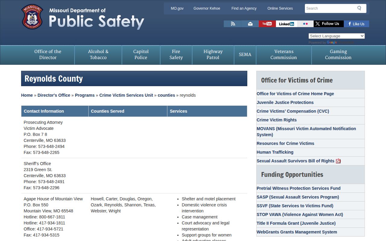 Missouri DPS Reynolds County sheriff and victim-service contact page